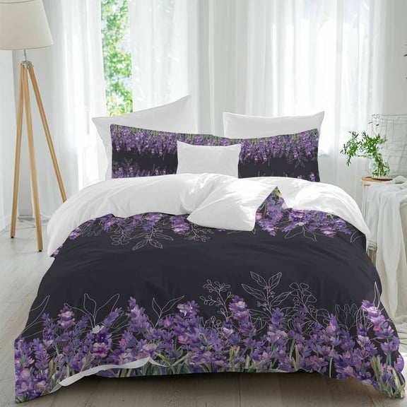 Lavender Queen Size Comforter Set, Spring Purple Flowers Watercolor Style Black Bedding for All Seasons, 4 Pcs Bed Set, 1Quiltcover (90"x92") ,1Sheet(94"x116"), 2Pillowcases (30"x20")