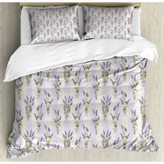 Lavender Queen Size Duvet Cover Set, Stripes and Flowers with Ribbons Romantic Country Spring Season Inspired Design Art, Decorative 3 Piece Bedding Set with 2 Pillow Shams, Purple, by Ambesonne