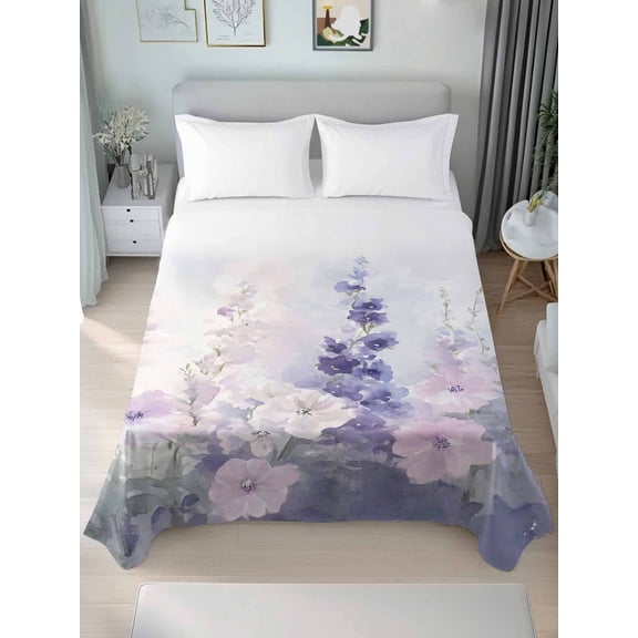 Lavender Queen Size Flat Sheet, Wrinkleproof & Fadeproof Cooling Flat Bed Sheet Only, Pastoral Pastel Purple Pink Wildflower Breathable Soft Bedding Top Sheets 90 x 102 Inches
