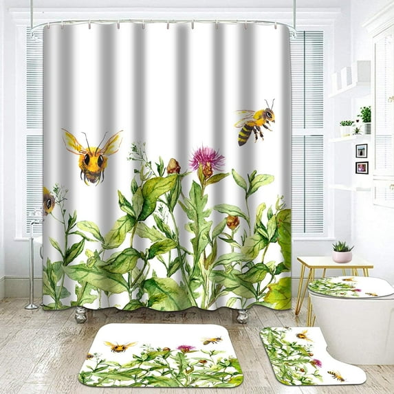 Lavender Retro 4-Piece Shower Curtain Sets-Flower Floral Bathroom Set Accessories with Non-Slip Rug,Toilet Lid Cover, Bath Mat,12 Hooks-72x72in-Vintage Curtains-Home Decor Women Gifts