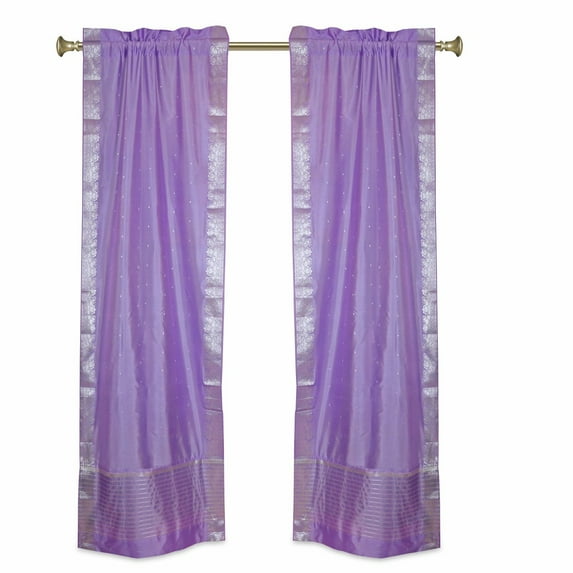 Lavender Rod Pocket Sheer Sari Curtains w/ Silver Border -43W x 108L-Pair