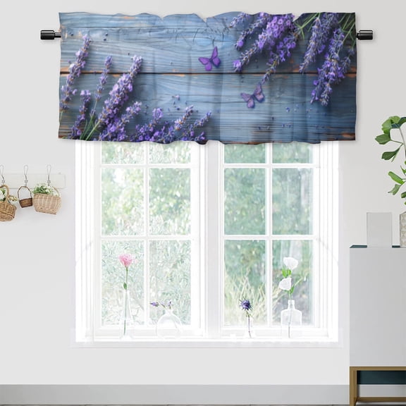 Lavender Rod Pocket Window Curtain Valance Purple Flower Butterfly Rustic Wooden Board Window Valance for Living Room Bedroom, Kitchen Valance Rod Pocket Window Decor Curtain 54 by 18 in, 1 Panel