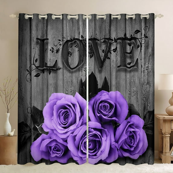 Lavender Rose Window Curtains 52"Wx84"L Purple Black Grey Flower Curtains Women Couple Romantic Floral Window Curtains Retro Farmhouse Window Treatments 2 Panels For Bedroom Living Room