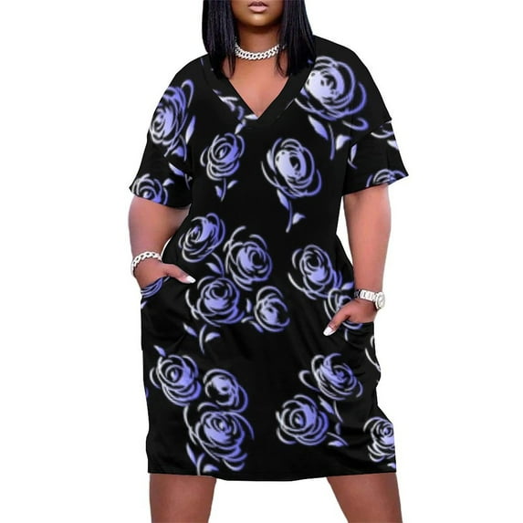 Lavender Roses Dark Background Pattern Summer Sundress for Curve Women Casual Pattern Plus Size V Neck Short Sleeve Loose Fit Oversize Dresses