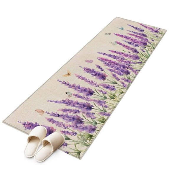 Lavender Runner Rug 2x6 FT, Non Slip Hallway Carpet, Purple Spring Floral Botanical Butterfly Rustic Washable Soft Floor Carpet Throw Runner Carpet Long Rug for Entryway Kitchen Bedside Sliding Door