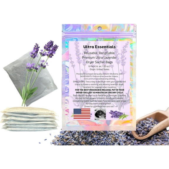 Lavender Sachet for Dryer, Naturally Scented Luggage Sachets, Closet & Drawer Fragrance, Freshens Laundry, Shoes, Gym Bags, Cars & Sweater Storage w/Premium Extra Flowers, Grown in USA (6 Pack)