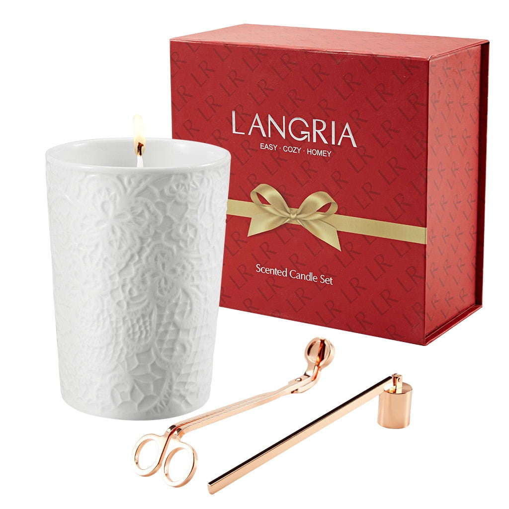 Lavender Scented Candle in Lace Textured Cup with Handy 3-In-1 Kit, 9.9 oz 100% Soy Wax 40 Hours Burn, Exquisite Ceramic Cup Set with Beautiful Gift Box