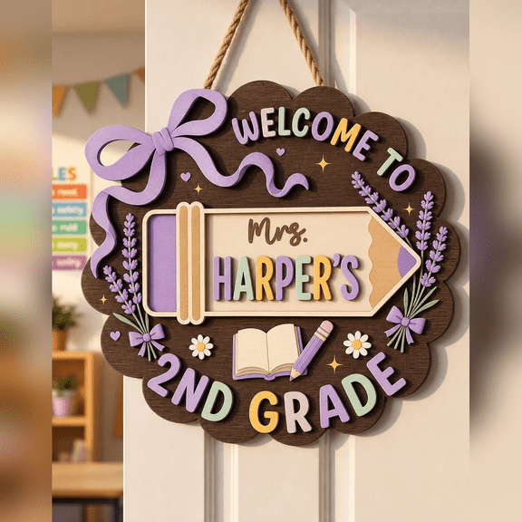 Lavender Second Grade Teacher Name Wooden Sign Classroom Door Hanger