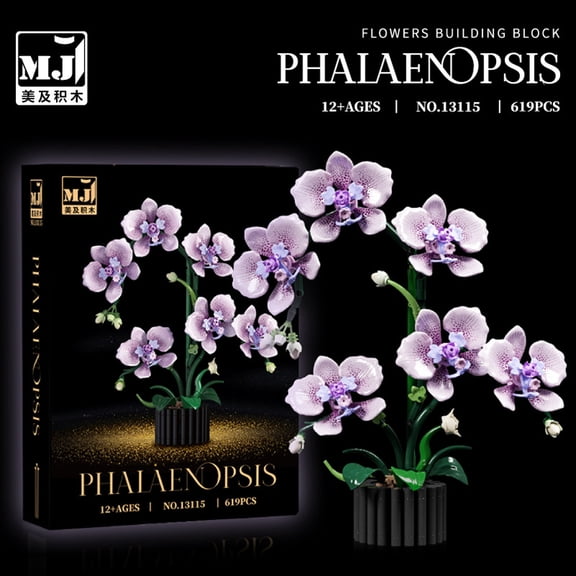 Lavender Serenity: Premium Phalaenopsis Orchid Building Set with Realistic Petal Textures and Modern Ribbed Vase for Elegant Home Decor and Creative Desktop Display, 3D Botanical Art