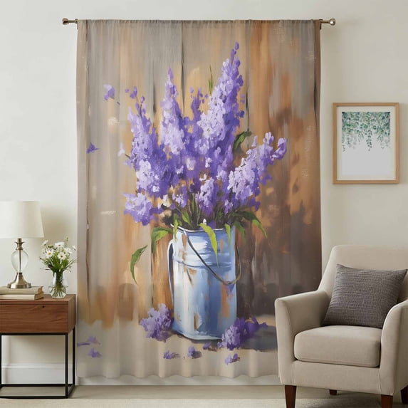 Lavender Sheer Curtains 108 Inches Extra Long, Spring Floral Purple Watercolor Vintage Light Filering Curtains, Privacy Drapes Simi Floor to Veiling Curtain for Living Room Large Window Treatment