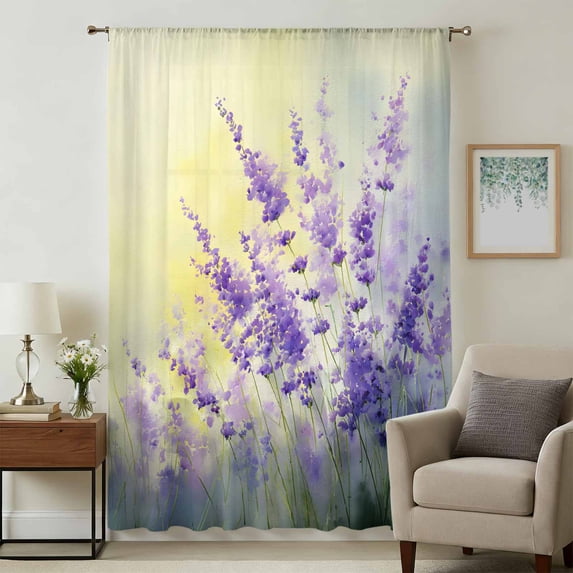 Lavender Sheer Curtains 54 Inches Long, Purple Floral Spring Country Nature Wildflower Plant Light Filering Curtains, Breathable Simi Curtain Privacy Drapes for Kitchen Bathroom Window Treatment