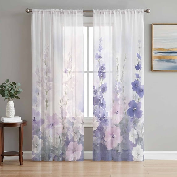 Lavender Sheer Curtains 63 Inch Length 2 Panels Set, Pastoral Pastel Purple Pink Wildflower Voile Window Treatment Rod Pocket Curtains Sheers Drapes for Bedroom/Living Room/Kitchen 52x"63"x2