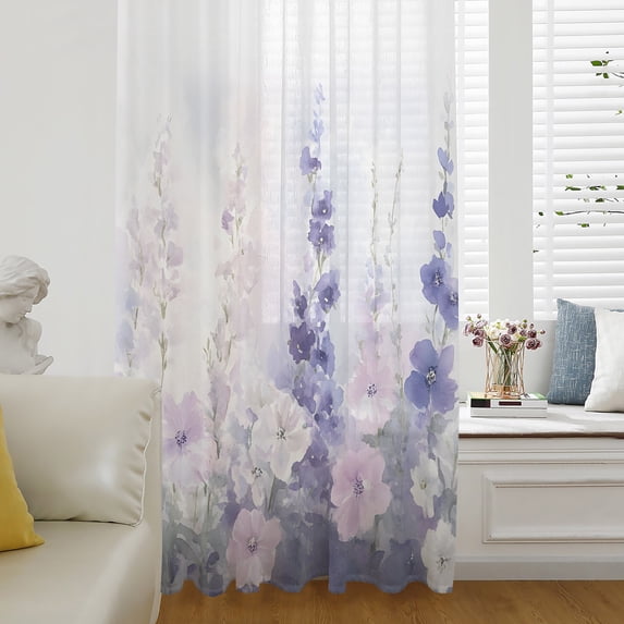 Lavender Sheer Curtains 72 Inch Length, Light Filtering Voile Curtain Panel, Pastoral Pastel Purple Pink Wildflower Rod Pocket Drapes Window Treatments for Living Room Bedroom 52"x72"