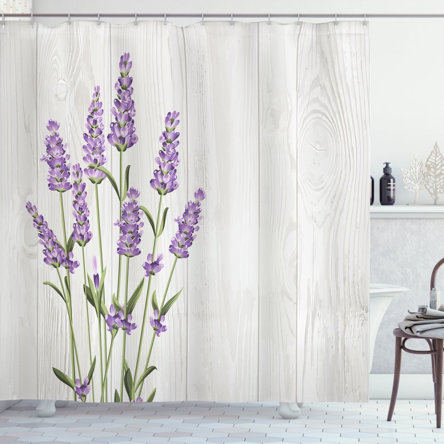 Lavender Shower Curtain, Aromatic Herbs Bouquet on Rustic Wood Planks ...