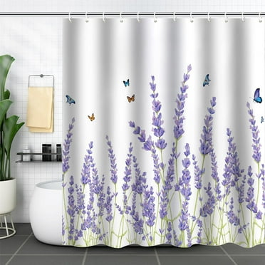 Lavender Shower Curtain Purple Floral Butterfly Shower Curtain for Bathroom Waterproof Polyester Fabric Bathroom Curtain 72 x 72 Inch with 12 Plastic Hooks