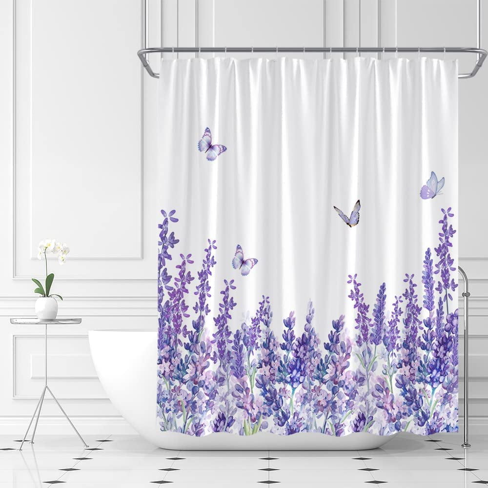 Lavender Shower Curtain Purple Floral Watercolor Flower Butterfly Spring Nature Violet Home Decor Fabric Bathroom Curtain Set with Hooks（84" Wx70 H）
