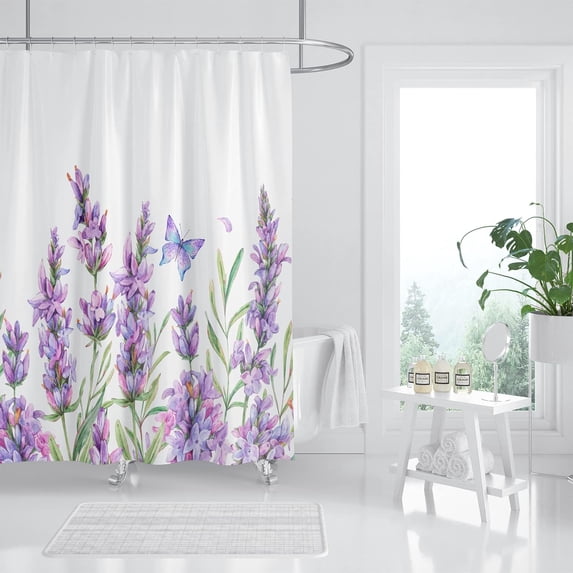 Lavender Shower Curtain, Purple Lavender Floral Shower Curtain Set, Watercolor Plant Leaves Flower Shower Curtains for Bathroom, Waterproof Fabric with 12 Hooks, 72 x 72 Inches