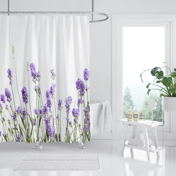 Lavender Shower Curtain, Purple Lavender Floral Shower Curtain Set, Watercolor Plant Leaves Flower Shower Curtains for Bathroom, Waterproof Fabric with 12 Hooks, 72 x 72 Inches