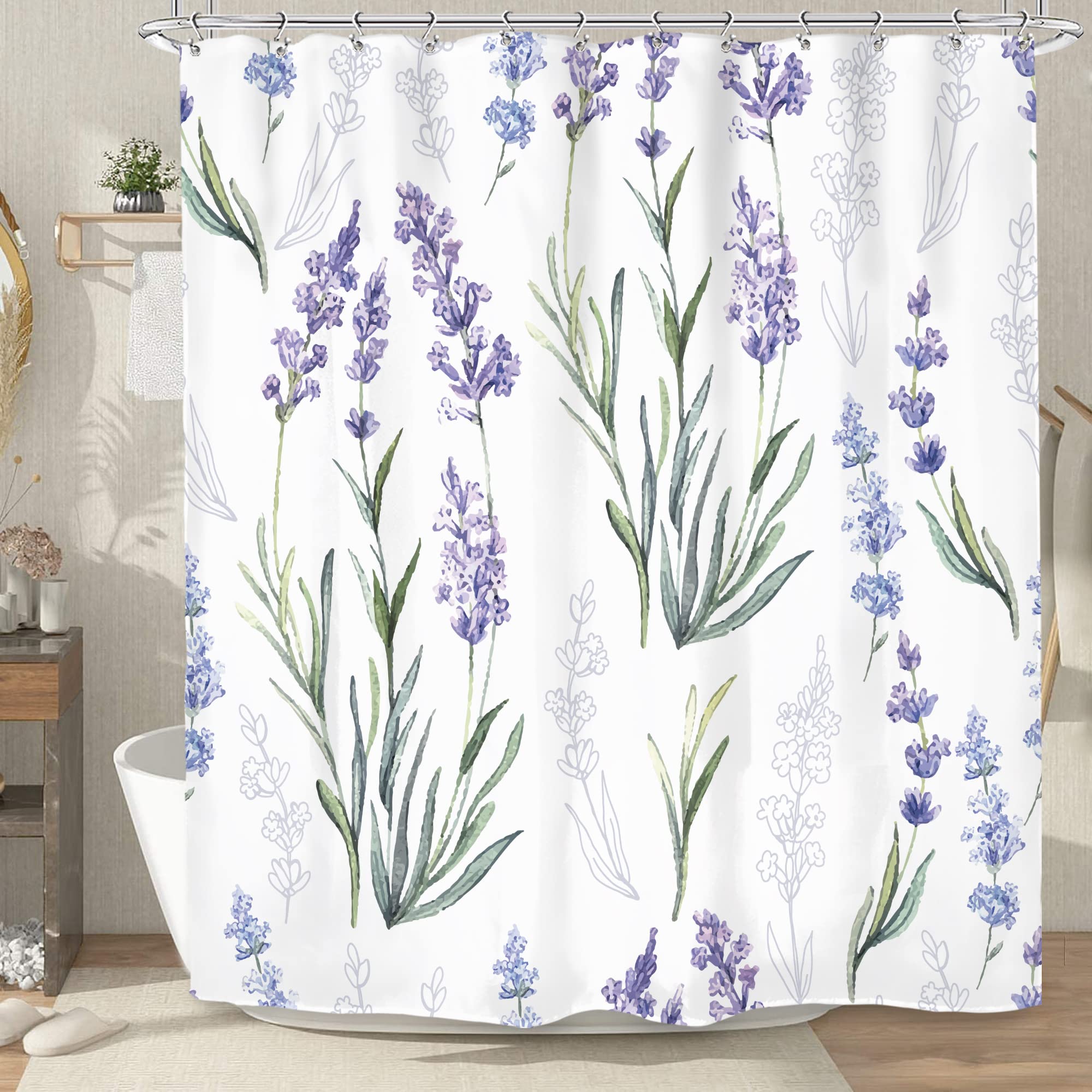 Lavender Shower Curtain with Hooks Waterproof Polyester Fabric Purple
