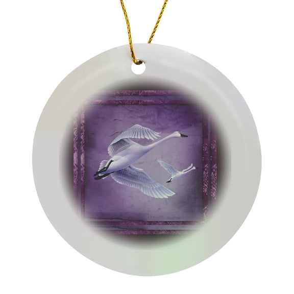 3drose, Lavender Snow Geese Flying, Purple Frame, Circle Porcelain Ornament