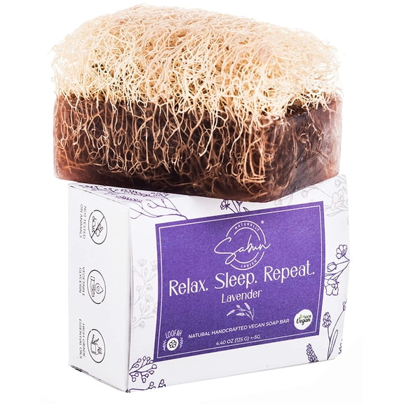 Lavender Soap with Loofah Inside - Natural Exfoliating Loofah Soap Bar - Smells Like Lavender & Vanilla - Handmade, Moisturizing Soap - Relaxing Aromatherapy Soap for Face and Body [4.40 oz - 125 gr]