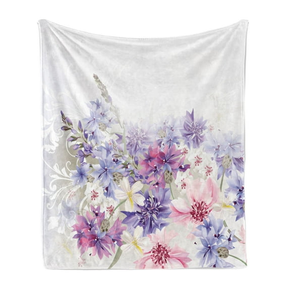 Lavender Soft Flannel Fleece Blanket, Pastel Cornflowers Bridal Classic Design Gentle Floral Print Wedding Design, Cozy Plush for Indoor and Outdoor Use, 70" x 90", Violet White Pink, by Ambesonne