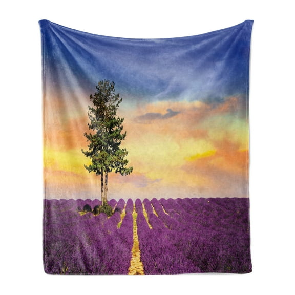 Lavender Soft Flannel Fleece Blanket, Purple Fields with Sunset Sky and Large Green Tree French Village Country Design, Cozy Plush for Indoor and Outdoor Use, 70" x 90", Multicolor, by Ambesonne