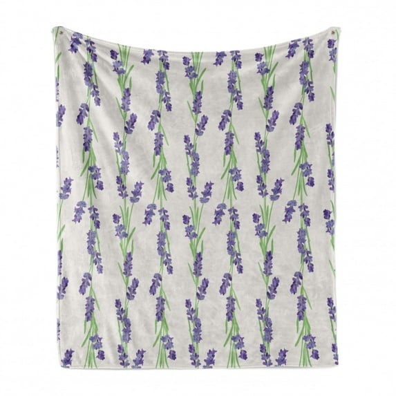 Lavender Soft Flannel Fleece Throw Blanket, Botanical Fragrance Blooms Meadow Foliage Idyllic Rural Artwork, Cozy Plush for Indoor and Outdoor Use, 50" x 70", Blue Violet Fern Green, by Ambesonne