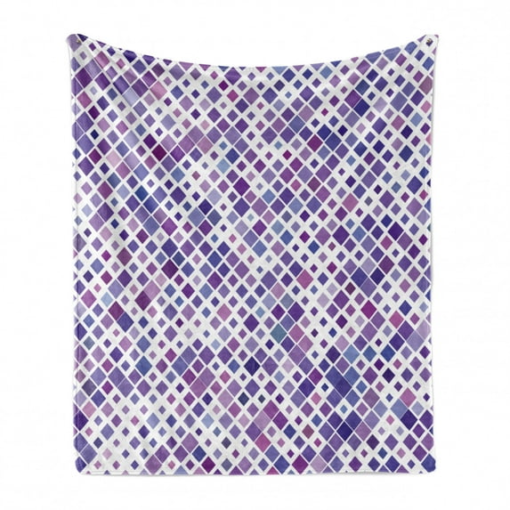 Lavender Soft Flannel Fleece Throw Blanket, Retro Mosaic Creative Pattern Square Rhythm Abstract Art Print Design, Cozy Plush for Indoor and Outdoor Use, 70" x 90", Violet Purple White, by Ambesonne