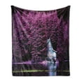 thumbnail image 1 of Lavender Soft Flannel Fleece Throw Blanket, Trees by a Lake Blue Wooden Rustic Lakehouse Lodge Romantic Spring Nature Theme, Cozy Plush for Indoor and Outdoor Use, 70" x 90", Purple, by Ambesonne, 1 of 5