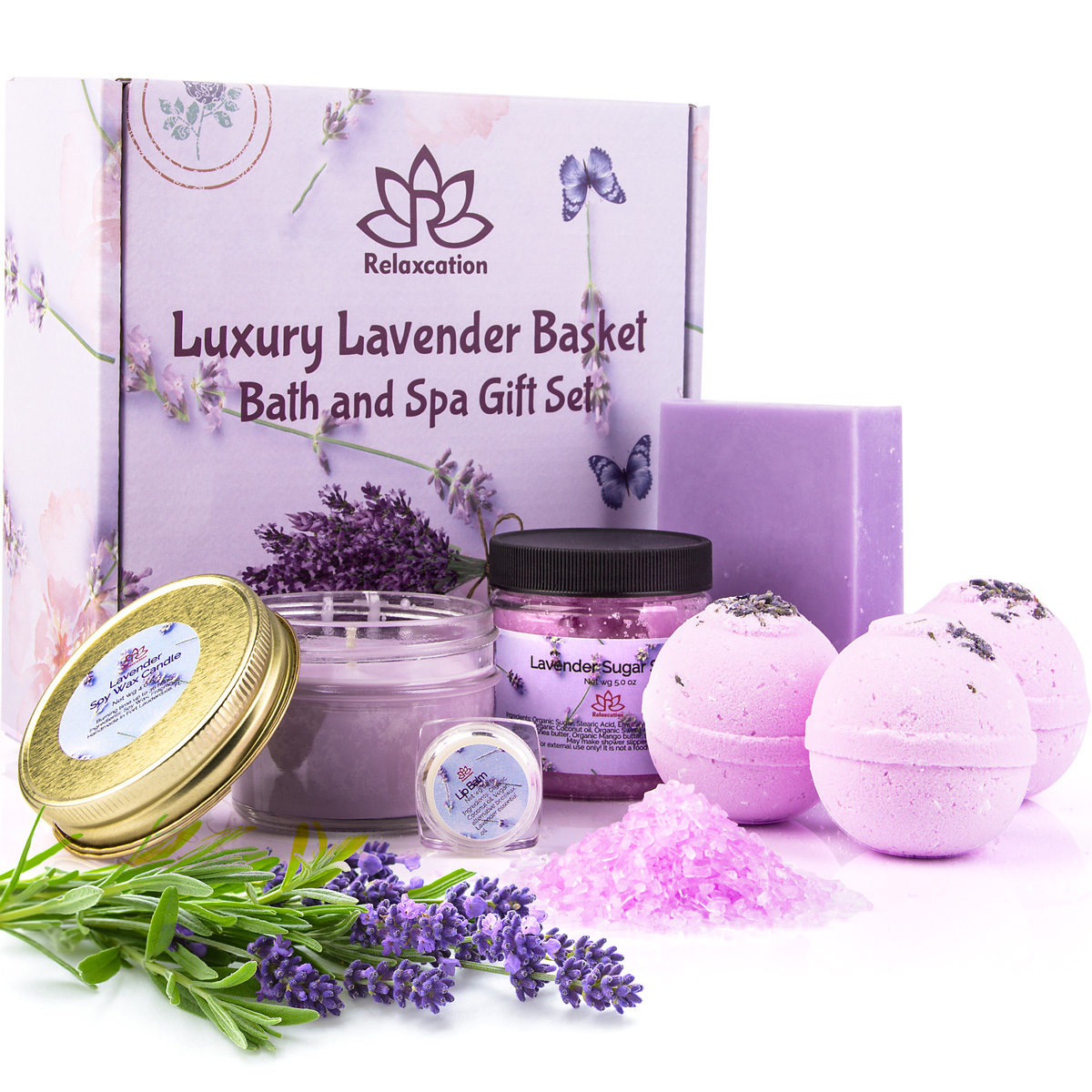 Lavender Spa Gift Set for Women Organic Home Spa Bath Basket Handmade in USA Natural and Safe by Relaxcation - image 1 of 8