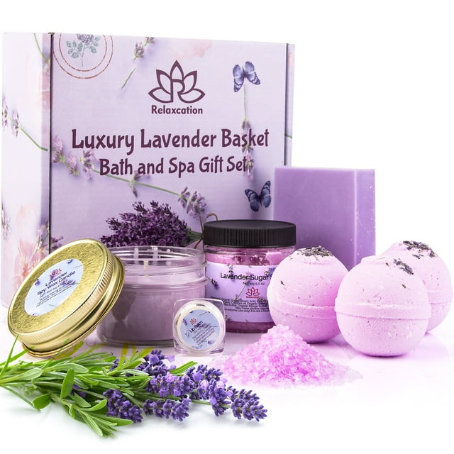 Lavender Spa Gift Set for Women Organic Home Spa Bath Basket Handmade in USA Natural and Safe by Relaxcation