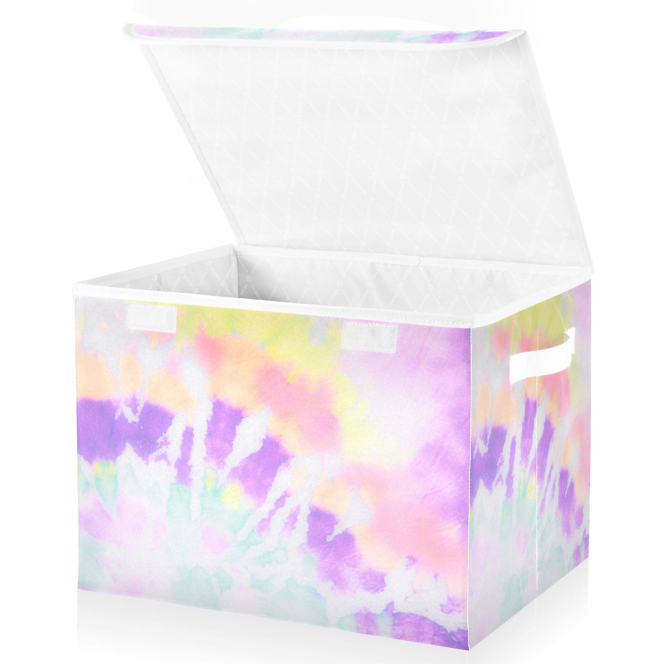 Lavender Spiral Tie-dye Large Lidded Storage Bin Foldable Storage Boxes Cubes Baskets Lids with 2 Handles for Home Bedroom Office 16.5x12.6x11.8inch