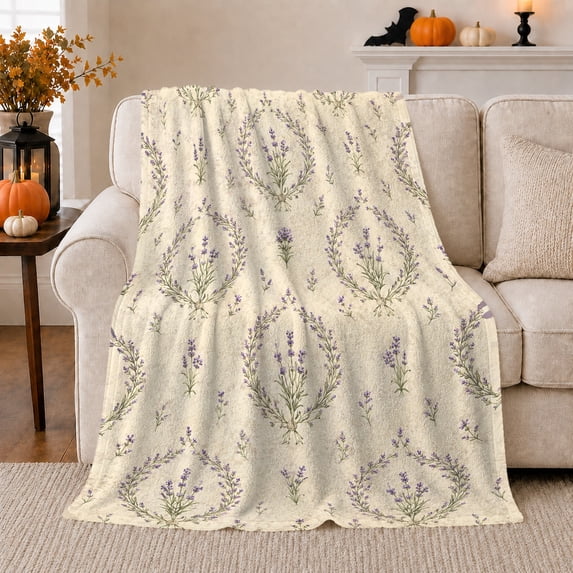 Lavender Sprig Bunch Repeat Pattern Botanical Illustration, Peaceful Botanical Garden Scene, Warm Flannel Blanket for Sunroom and Reading Nook, Garden Lovers Friendship Gift, Botanical Home Decor