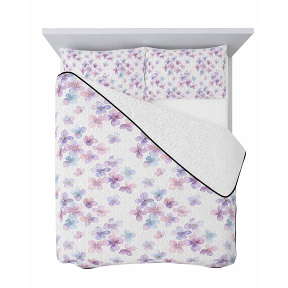 Lavender Sprigs 3 Piece Quilt Set King Size, Ditsy Flowers Floral Purple Flower Batanical Farm Soft Bedspread Coverlet Bedding Set Microfiber Lightweight Comforter Set with 2 Pillowcases for Bedroom