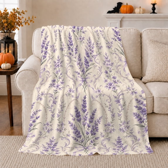 Lavender Sprigs And Ornamental Scrolls, Cozy Flannel Blanket for Lavender Art Enthusiasts, Vintage Botanical Watercolor Pattern Home Decor for Living Room and Bedroom, Housewarming Gift