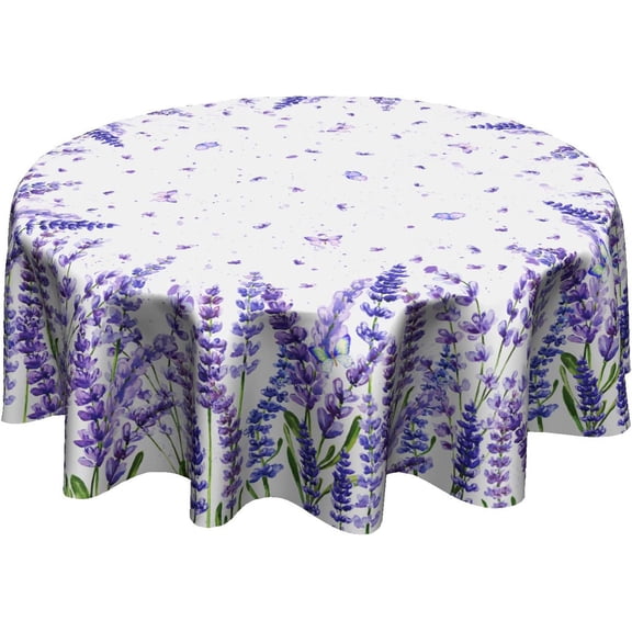 Lavender Spring Flowers Tablecloth Round 60 Inch Purple Florals Butterfly Table Cloths Polyester Fabric Spring/Summer Flowers Leaf Table Cover for Kitchen Dining Room Picnic Party Spring Outdoor