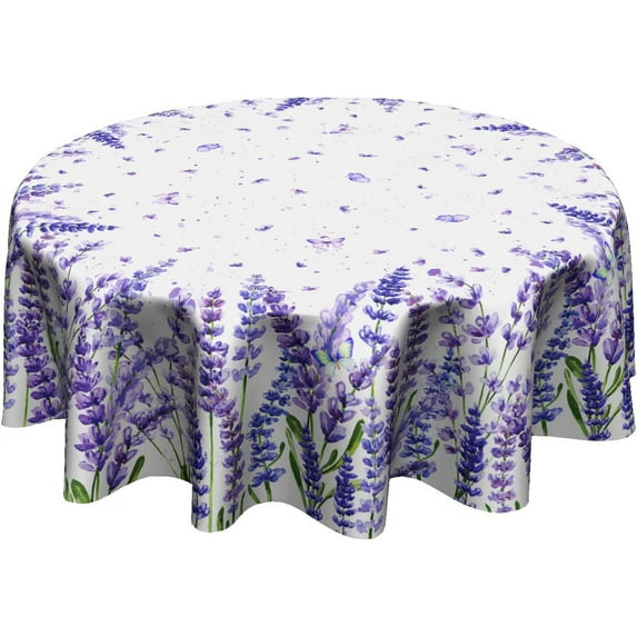 Lavender Spring Flowers Tablecloth Round 60 Inch Purple Florals Butterfly Table Cloths Polyester Fabric Spring/Summer Flowers Leaf Table Cover for Kitchen Dining Room Picnic Party Spring Outdoor