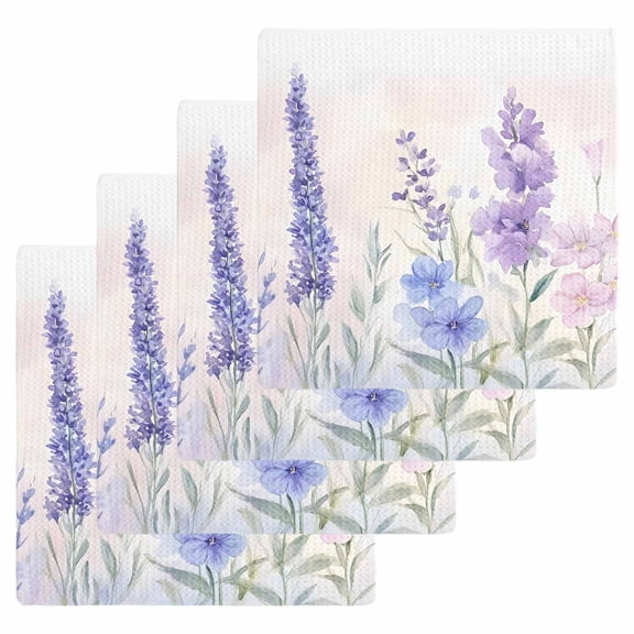 Lavender Spring Kitchen Dish Towels for Drying Dishes Set of 4, Farmhouse Pastoral Pastel Flowers Waffle Weave Microfiber Hand Tea Bathroom Towels Quick Dry & Absorbent Towel 12x12