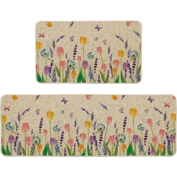 Lavender  Spring Kitchen Mats Set of 2, Seasonal Flower Summer  Decor Low-Profile Kitchen Rugs for Floor - 17x29 and 17x47 Inch