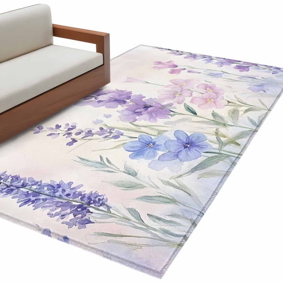 Lavender Spring Large Area Rugs for Bedroom Living Room, Soft Non Slip Carpet Bedside Rug, Farmhouse Pastoral Pastel Flowers Rectangular Floor Cover Kitchen Accent Rug 3'x5' for Dining Room/Office
