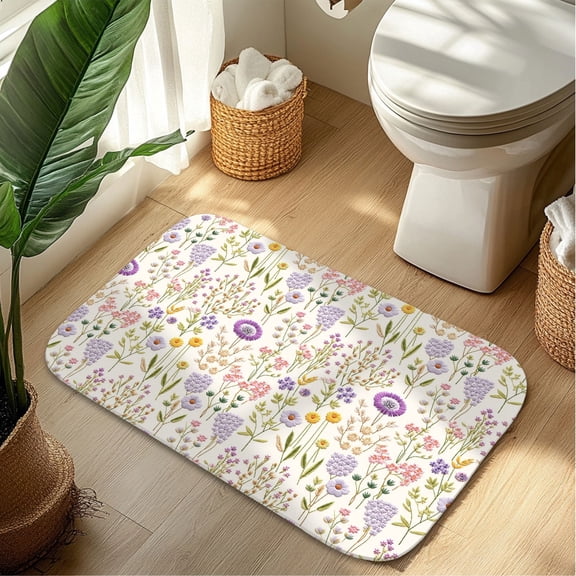 Lavender Spring Plush Flannel Bath Rug 16x24 Inches, Quick Dry Absorbent Non Slip Mat for Bathroom Sink Tub
