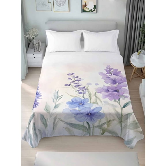 Lavender Spring Queen Size Flat Sheet, Wrinkleproof & Fadeproof Cooling Flat Bed Sheet Only, Farmhouse Pastoral Pastel Flowers Breathable Soft Bedding Top Sheets 90 x 102 Inches
