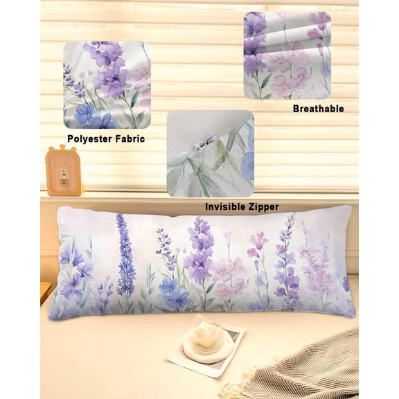 Lavender Spring Throw Pillow Covers, Farmhouse Pastoral Pastel Flowers Soft Breathable Pillow Cases with Invisible Zipper for Sleeping, Long Body Pillowcases for Couch Bed Sofa Chair 20x54 Inches