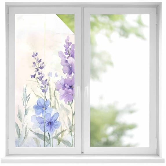 Lavender Spring Window Privacy Film, Farmhouse Pastoral Pastel Flowers Static Cling UV Sun Blocking Heat Control Window Tint Day and Night, Non-Adhesive One Way Windows Privacy Cover 19.6''x39.3''