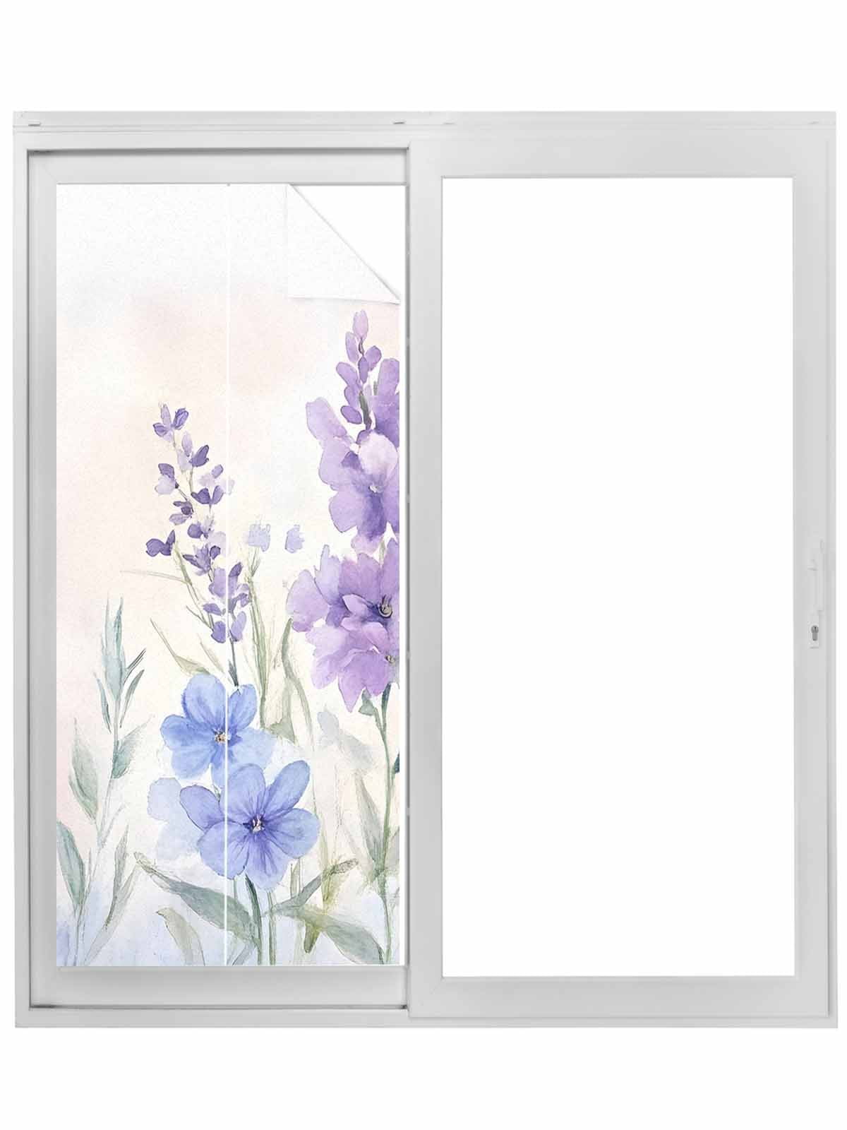 Lavender Spring Window Privacy Film, Farmhouse Pastoral Pastel Flowers Static Cling UV Sun Blocking Tint Film Heat Control Windows Films for Bedroom Bathroom, Window Stickers 23.6"x59"