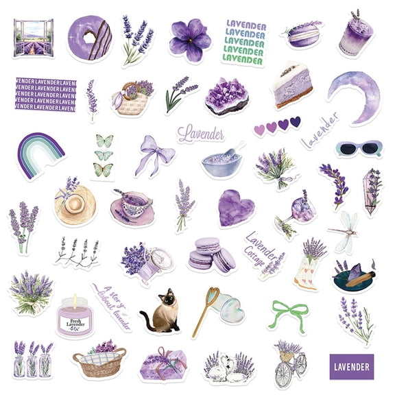 Lavender Stickers, Waterproof Cute Aesthetic, 50 Pieces for Girls, Decorative Decals for Journal Planner Notebook Phone Case Water Bottle Laptop Envelope Scrapbook DIY Craft Projects