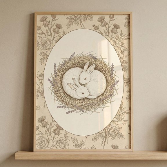 Lavender Straw Nest Rabbits Botanical Wall Decor Unframed Paper Print