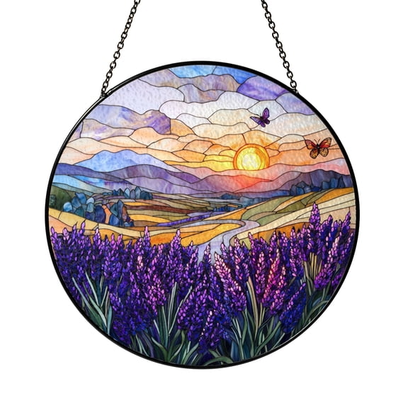 Lavender Sunset Butterfly Glass Suncatcher for Window, Scenic Floral Decor, Calm Hanging Ornament