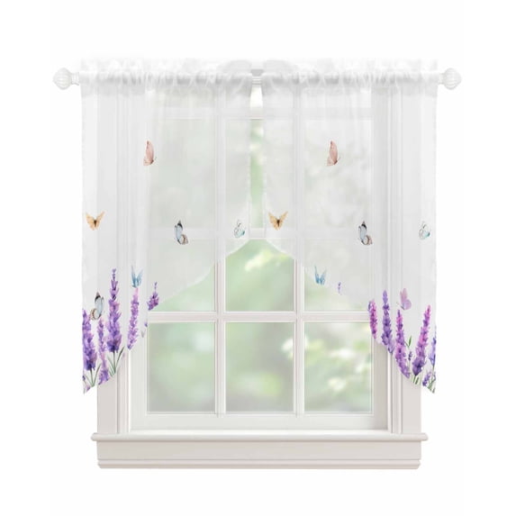 Lavender Swag Valances for Windows, Purple Spring Floral Botanical Butterfly Rod Pocket Sheer Valances for Small Windows, Swag Toppers Light Filtering for Kitchen Living Room 2 Panels 36''x36''